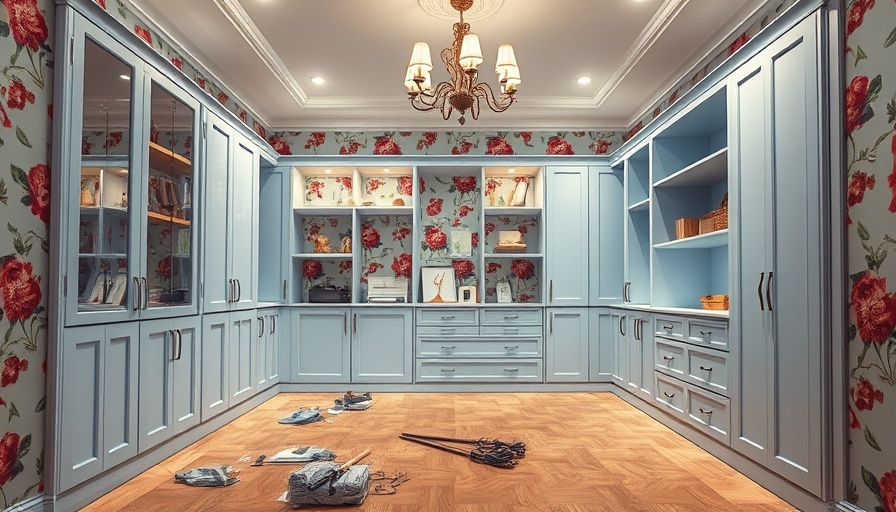 DIY walk-in closet with floral wallpaper and light blue shelves.