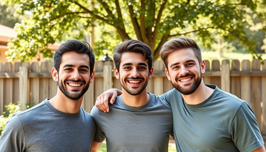 Three young men in gray jackets smiling in a sunlit backyard.
