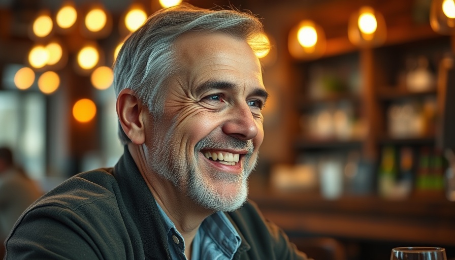 Smiling middle-aged man in a cosy local bar setting, embracing relationships.