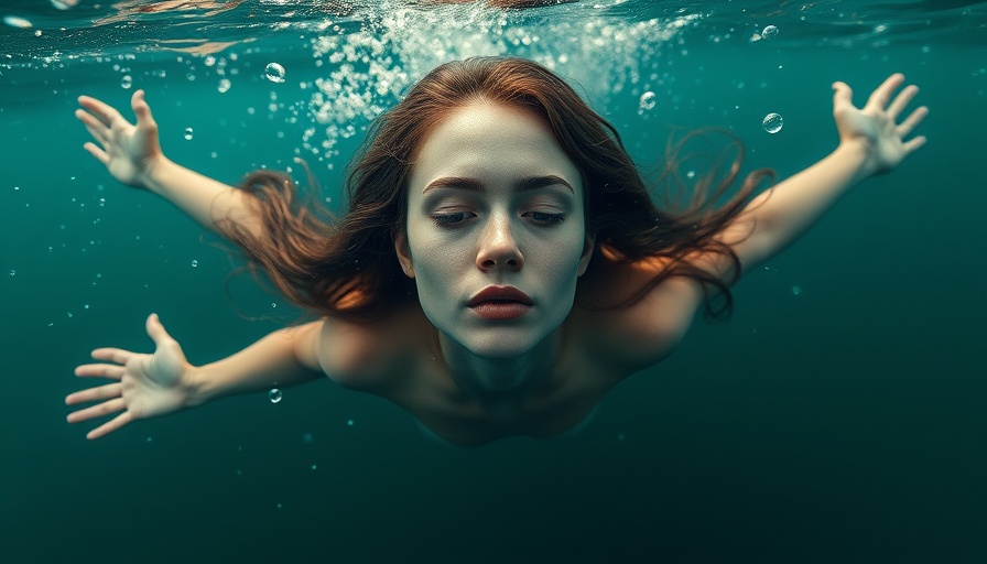 Person floating underwater in calm expression, exploring grief creativity life on boats.