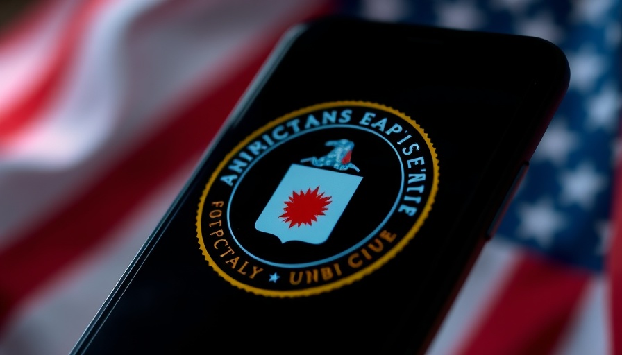 CIA emblem on smartphone with American flag in background.