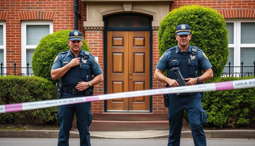 Police officers guard brick building post-arson attack.