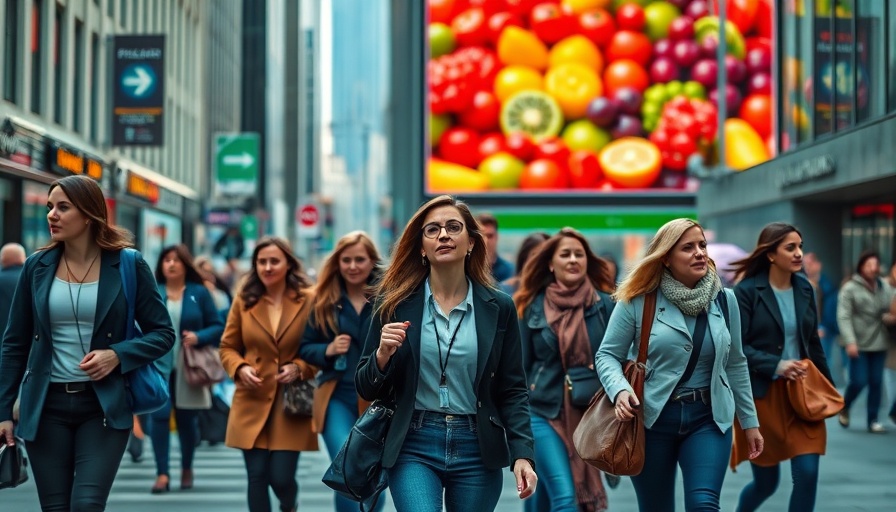 Women walking past colorful fruit billboard in city