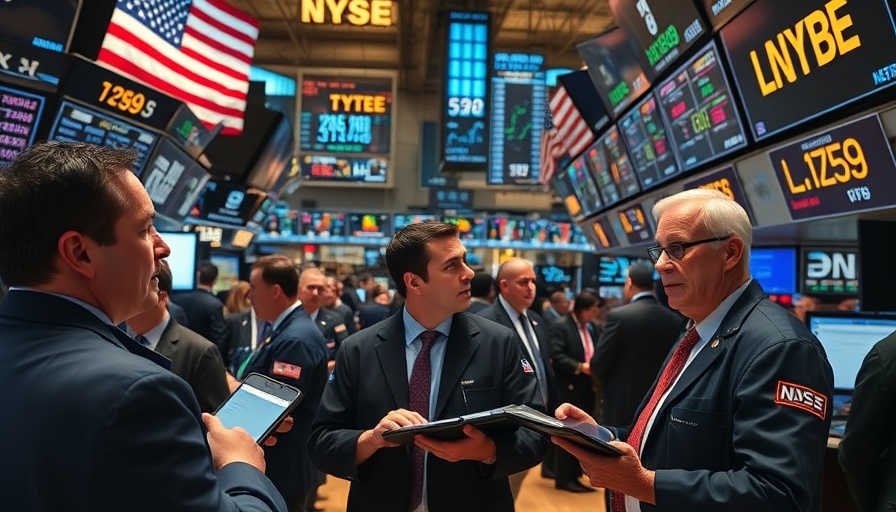Traders discussing at U.S. stock market floor, vibrant trading scene.