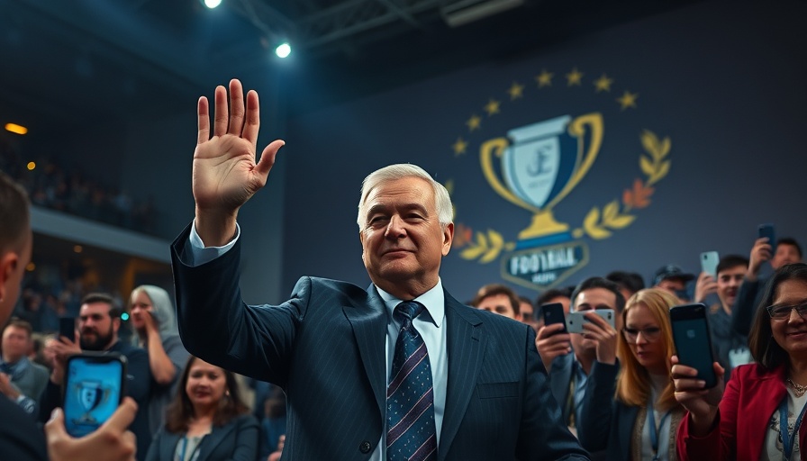 Older man waving at sports event backdrop, Trump tax bill sports team owners.