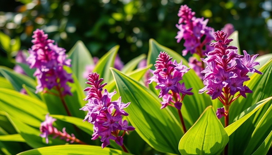 Lush green hosta plants with purple flowers in sunlit garden, dividing hostas.