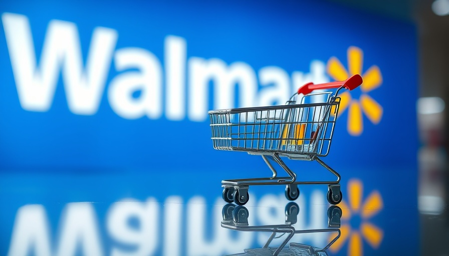 Mini shopping cart reflecting in front of Walmart logo.