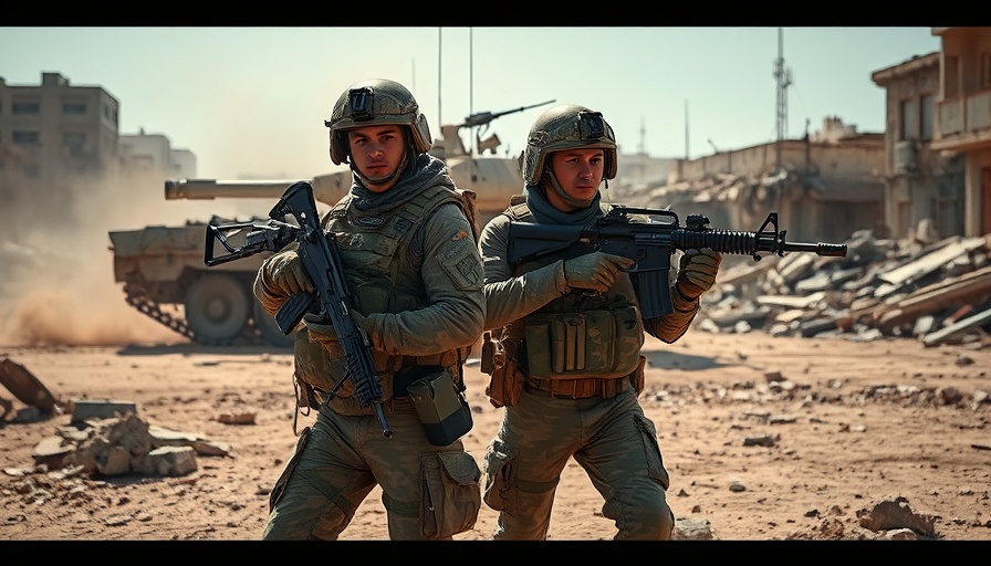 Israeli soldiers and tank in war-torn Gaza landscape amid ceasefire talks.