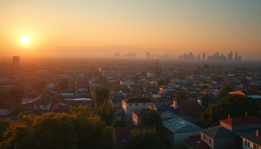 Urban skyline at sunrise with rooftops and trees, city awakening.