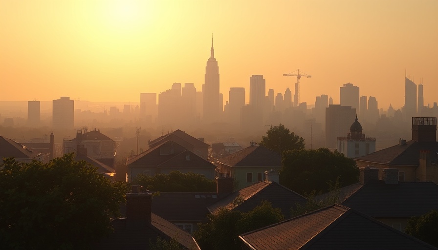 New York City skyline at sunset with urban rooftops. Palestinian relocation context.
