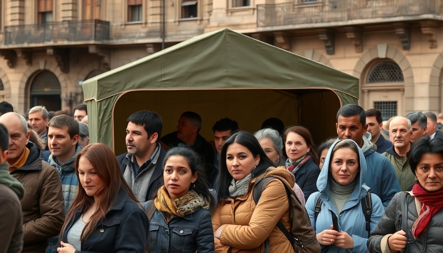 Line-sitting business scene with diverse crowd waiting outdoors.