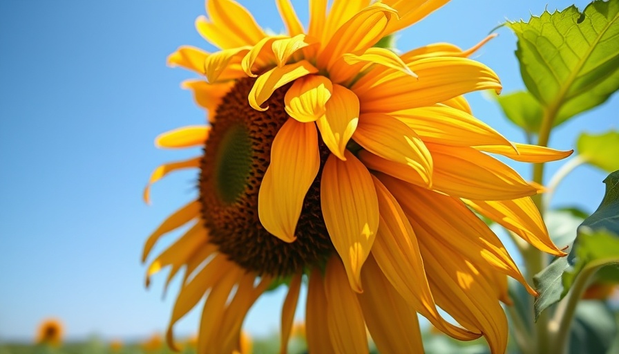 Close-up of a drooping sunflower under clear sky.