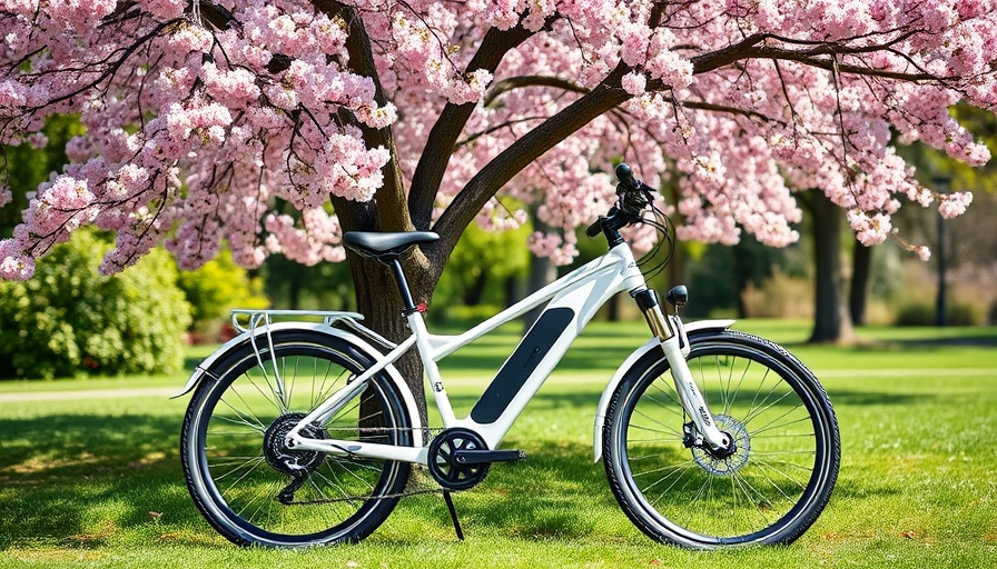 Affordable all-terrain e-bike beside a cherry blossom tree in a park.