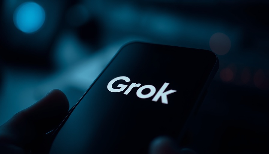 Grok logo smartphone display, abstract X background, dark setting.