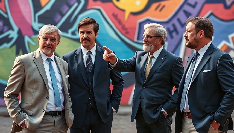 Group of men discussing outdoors, pointing at backdrop, post-Brexit theme