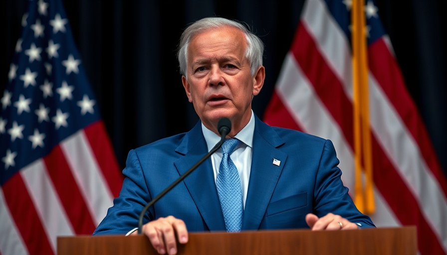 Elderly man speaking at a podium with American flags backdrop.