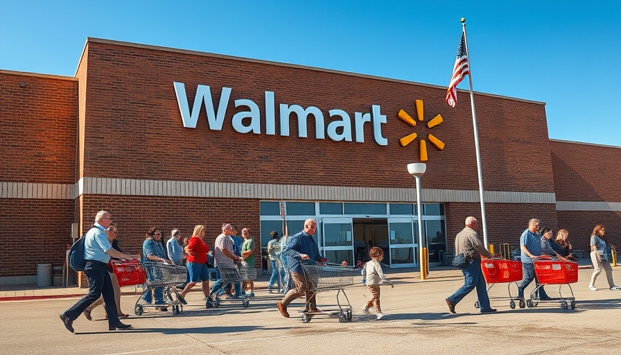 Walmart shoppers entering store on a sunny day amid Trump tariffs impact.