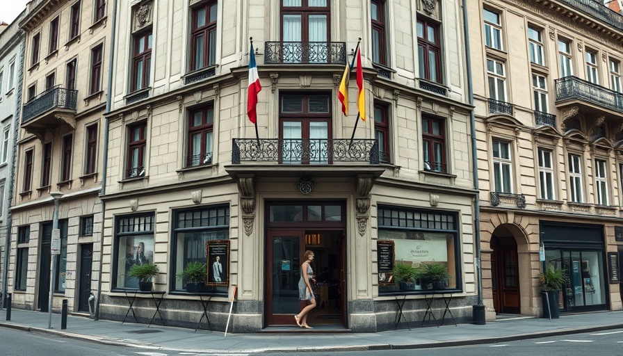 Older European building entrance with flags, urban setting.