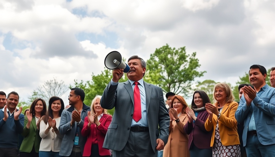 Crowd applauding a man with a megaphone outdoors.