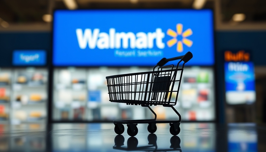 Shopping cart silhouette with Walmart logo backdrop.