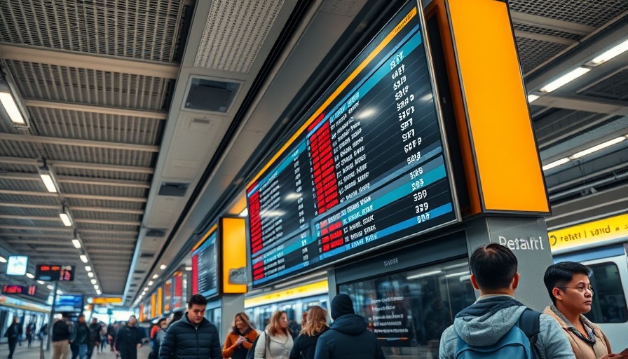 Digital board shows New Jersey rail strike notice in station.