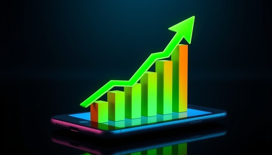 Futuristic digital art of a 3D bar chart rising from a smartphone.