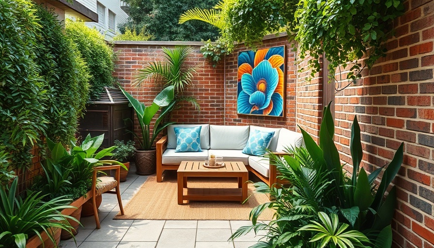 Cozy garden design with seating and green plants.