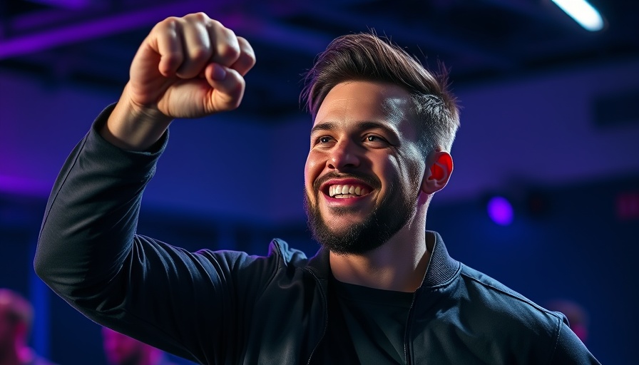 Leader celebrating victory in Portugal with raised fist.