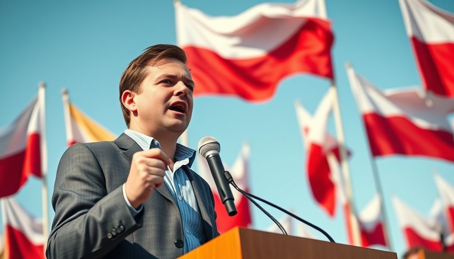 Polish Presidential Election 2023 candidate speaking at rally with flags.