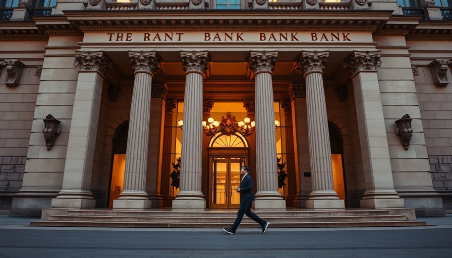 AI analyst clones in financial services concept at grand bank entrance