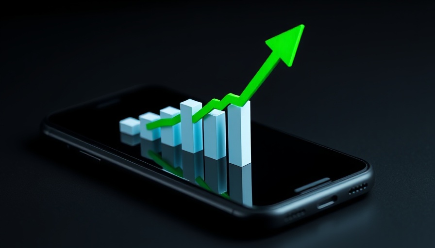 AI chip communication technology visual with growth chart on phone.