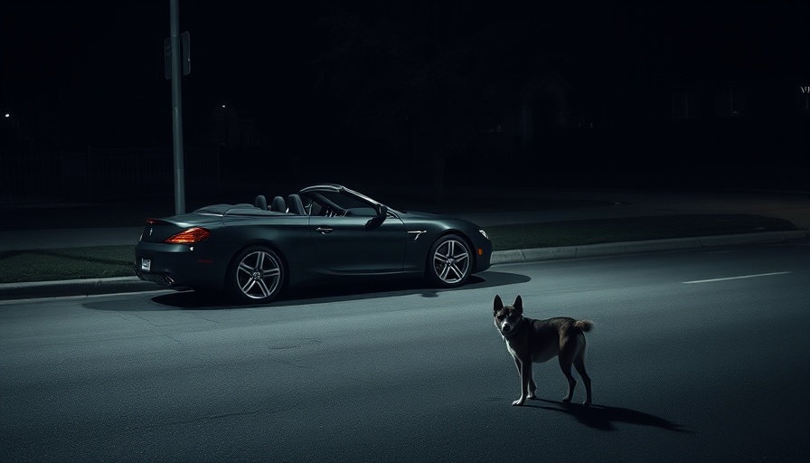 Black convertible parked at night with dog nearby.