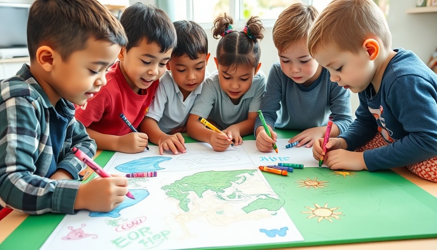 Children drawing climate change art, colorful and collaborative scene.
