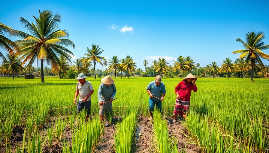 Farmers cultivating rice in tropical field, global hunger monitor context.