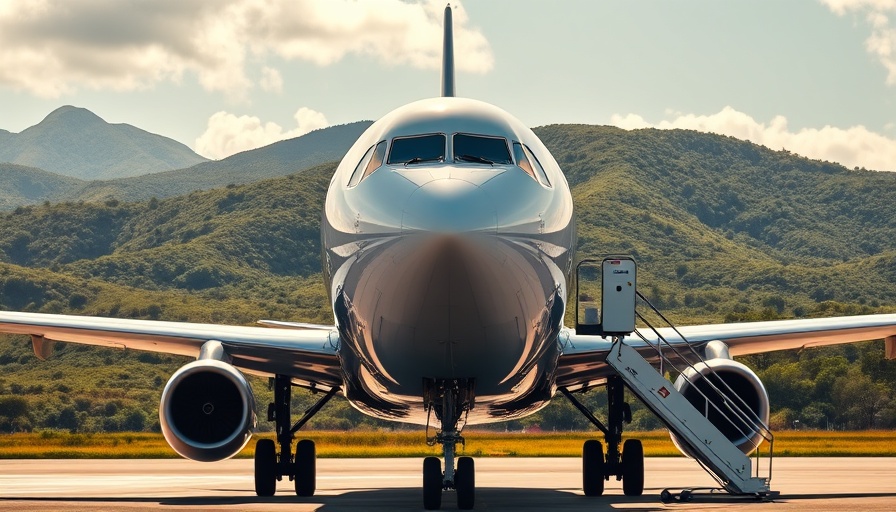 Front view of Boeing airplane with stairway and green backdrop.
