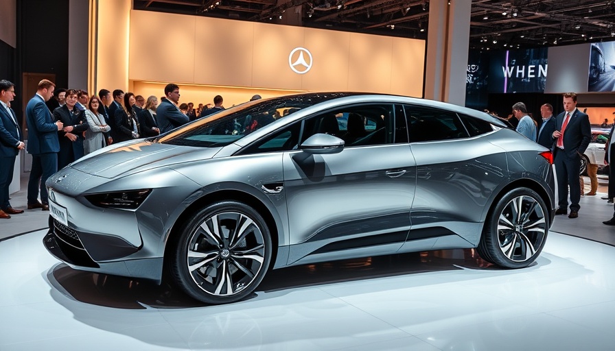 Seres electric vehicle showcased with intrigued visitors at an exhibition.