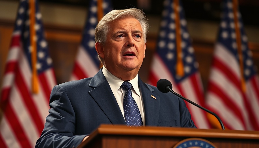 Mature man speaking at a podium, American flags in background.