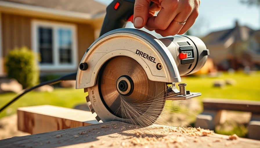 Dremel circular saw cutting wood outdoors for home renovation.