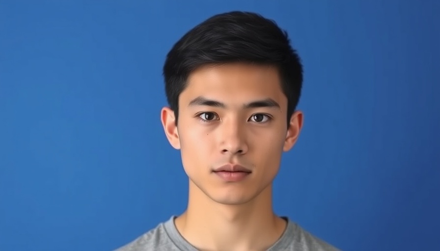 Portrait of young man with neutral expression against blue background.