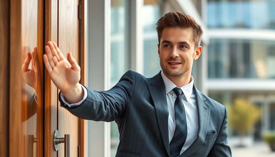 Professional young man in suit knocking on door, paying off collections theme.