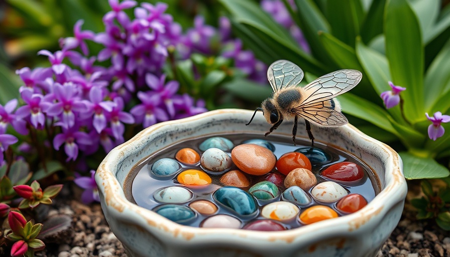 Ceramic bee bath with stones in garden setting