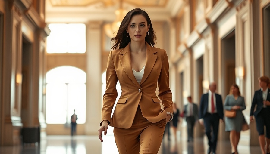 Confident woman in business suit walking confidently in hallway