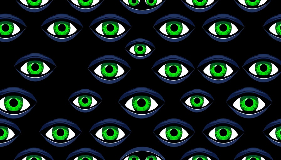 Surveillance-themed seamless pattern of green eyes on black backdrop.