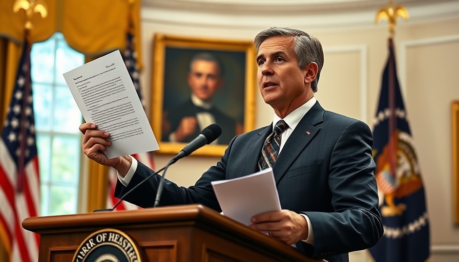Politician holding a document during a speech in the Oval Office with flags.
