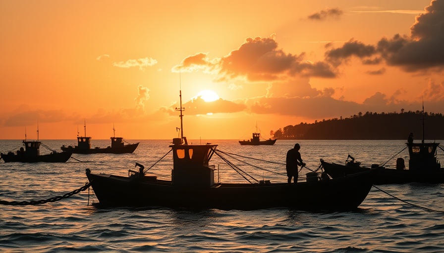 Golden sunset over ocean with boats and fisherman.