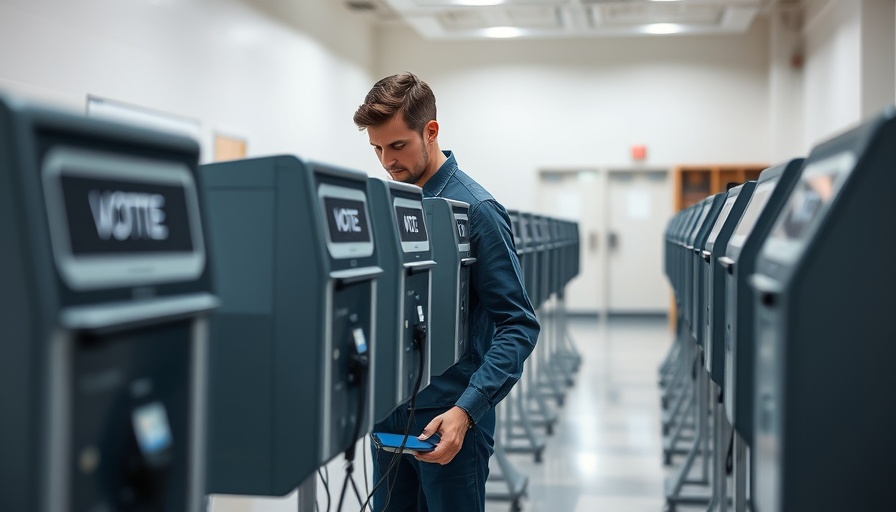 Voting machines being set up in a well-lit room, highlighting barcodes on ballots.