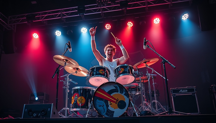 Drummer performing passionately at Foo Fighters concert, energetic vibe.