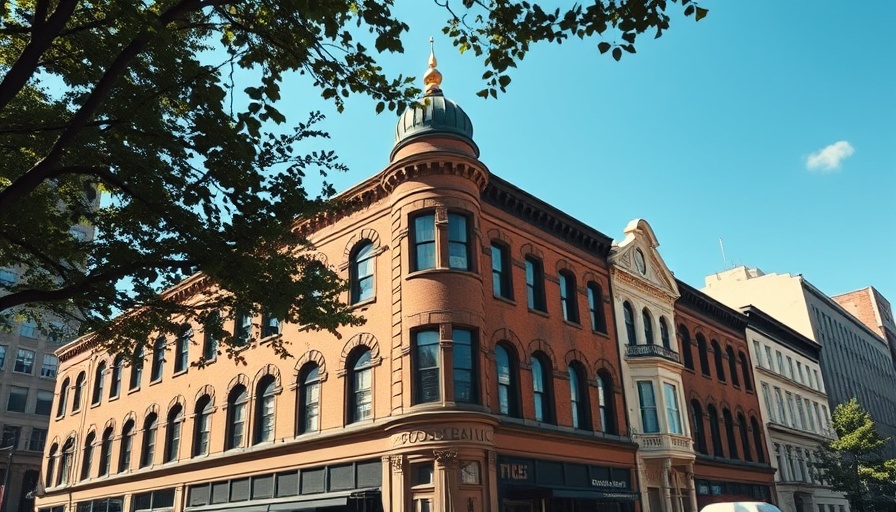 Historic downtown Alabama buildings under a blue sky.