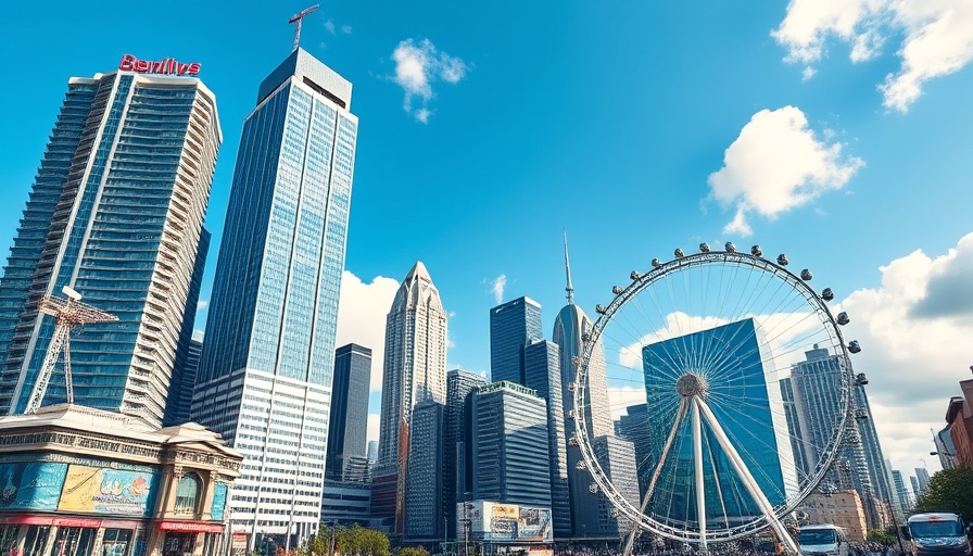 Pros and cons of living in Georgia: Modern cityscape with skyscrapers and Ferris wheel.
