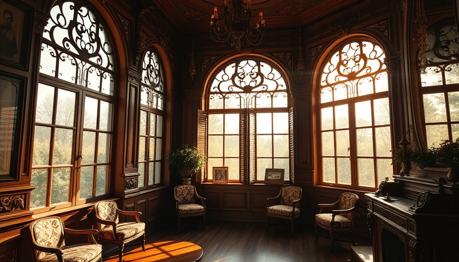 Victorian windows in modern home with ornate decor.
